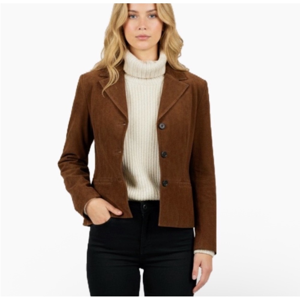 Jason Wu Edit Goat Suede Cropped Blazer Jacket Brown Medium Leather Button Front